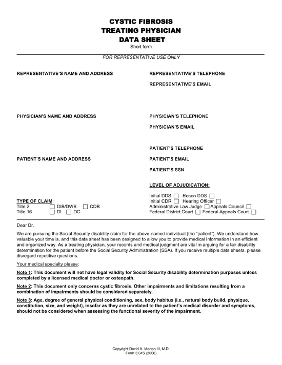 Cystic Fibrosis Treating Physician Data Sheet Cystic Fibrosis Treating Physician Data Sheet